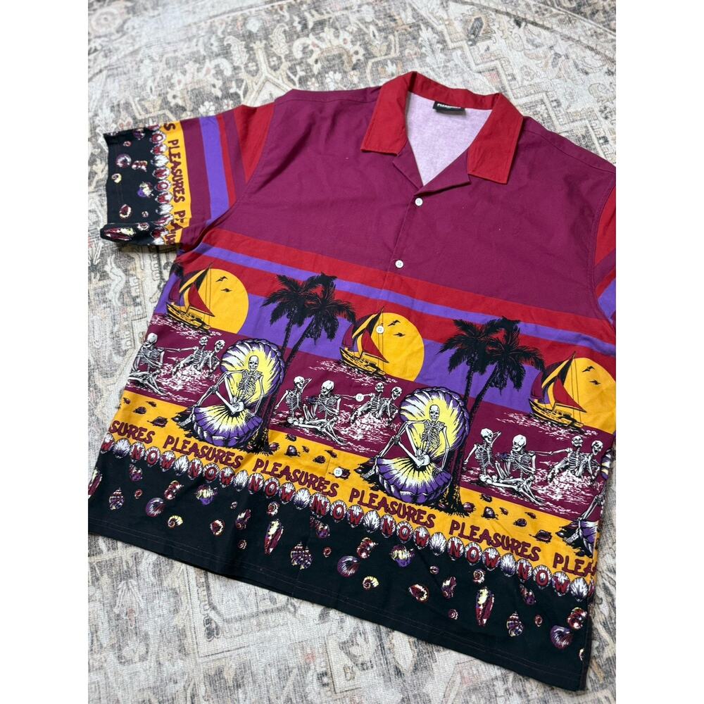 PLEASURES BEACH BUTTON DOWN SHIRT BURGUNDY Skeleton Beach Halloween Sz XXL - Picture 2 of 10